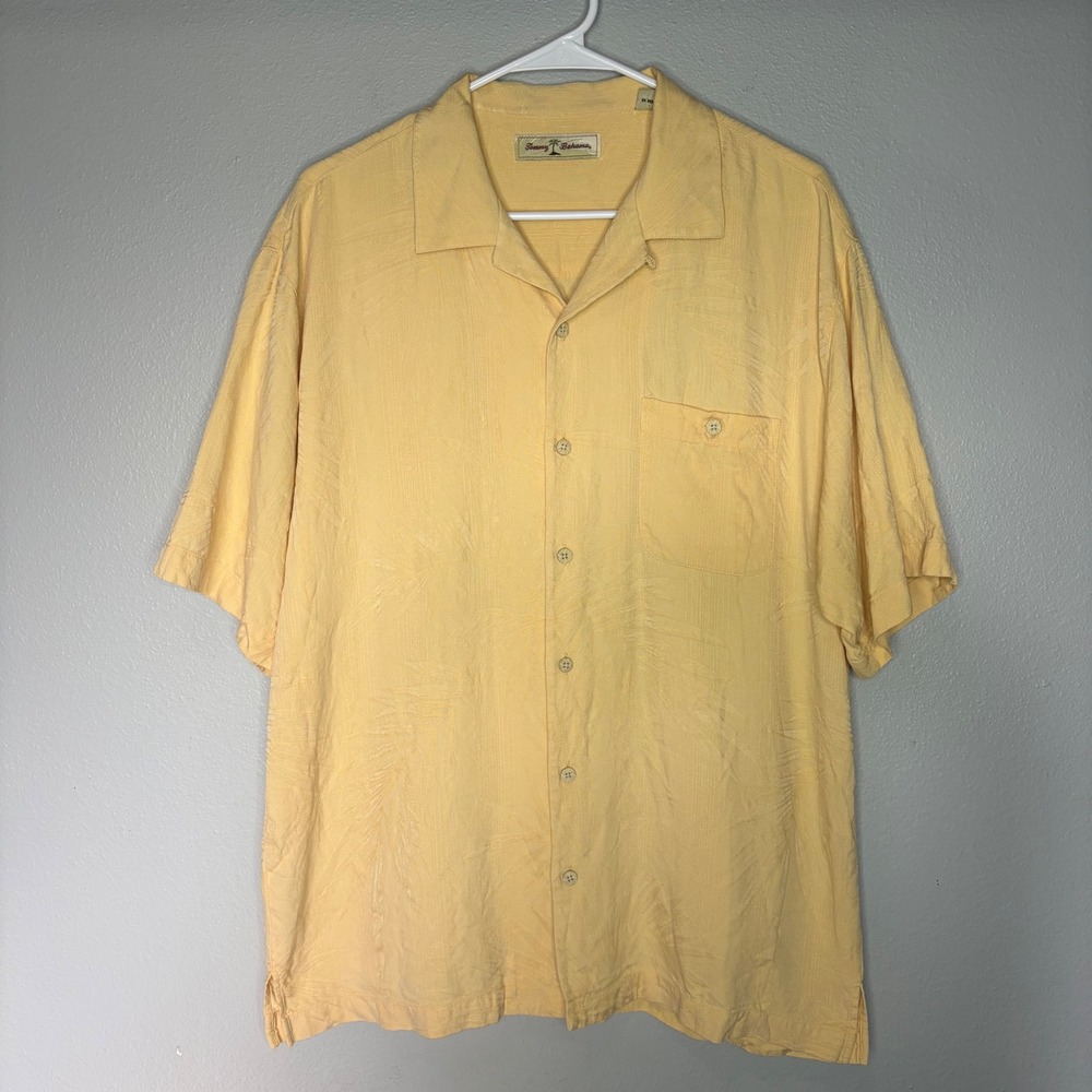 Tommy Bahama Mens Silk Cotton Yellow Jacquard Palm Leaf Camp Shirt Medium